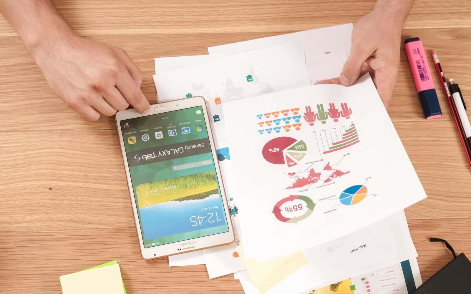 Ahşap masa üzerinde grafikli finansal tablolar ve tablet