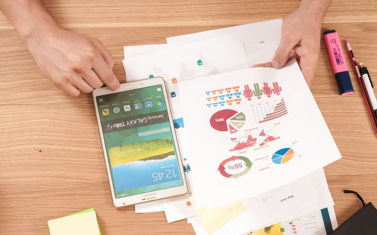 Ahşap masa üzerinde grafikli finansal tablolar ve tablet